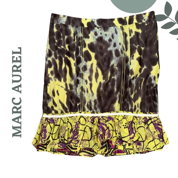 Marc Aurel Yellow & Brown Patterned Skirt | Boho | Ruffle Hem Size Euro 40 Large - Picture 1 of 6